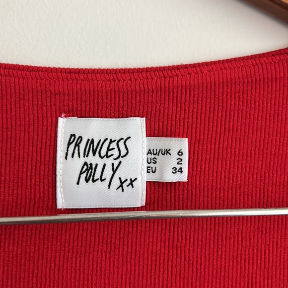 Princess Polly Red Ribbed Tie Back Cropped Shirt - Picture 2 of 9